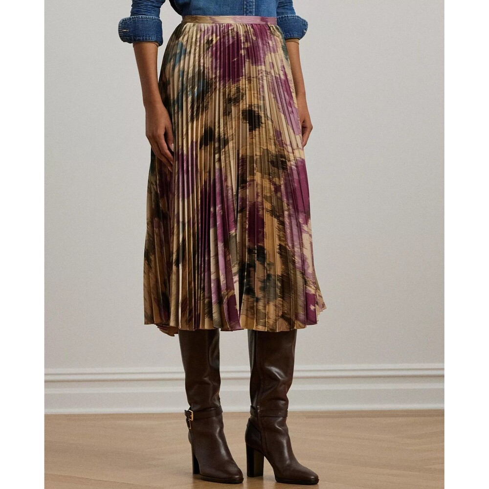 Lauren Ralph Lauren Women's Pleated Satin Midi Skirt Floral Tan Purple Multi 14
